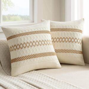 Set of 2 Neutral Boho Decorative Pillow Covers 16x16 Inches